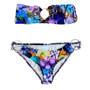 Milly Cabana Tropical Print Bandeau Bikini Womens Small Sexy Rhinestone Rings